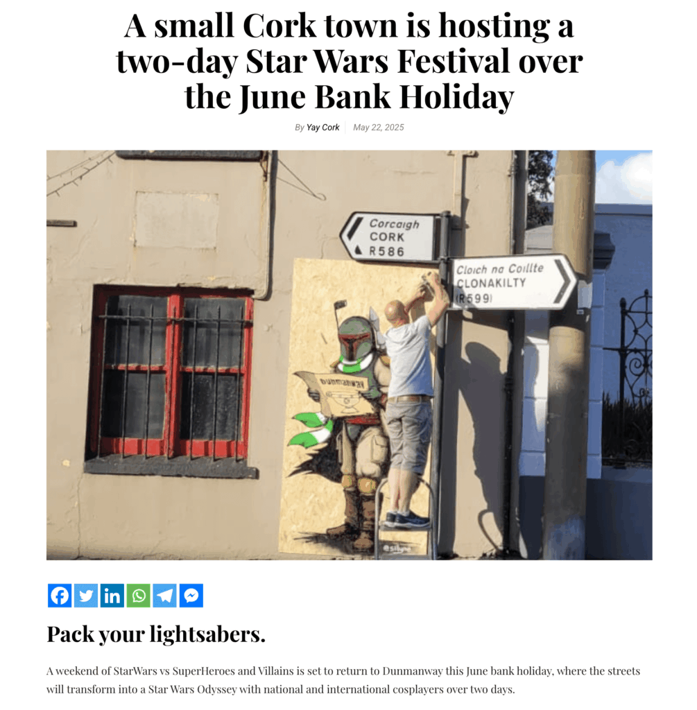 Screenshot of online article on YayCork.ie re the Feel the Force festval on 22/5/2025