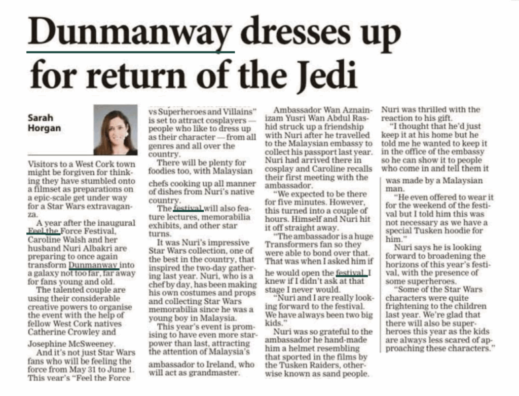Article about Feel the Force in The Irish Examiner on 22.05.2025